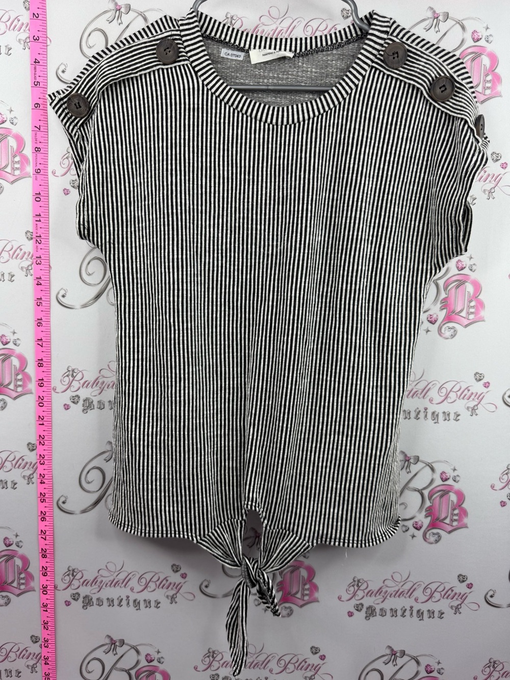 EXCLUSIVE one Striped Black & White Tie-Front Tank with Shoulder Button Detail